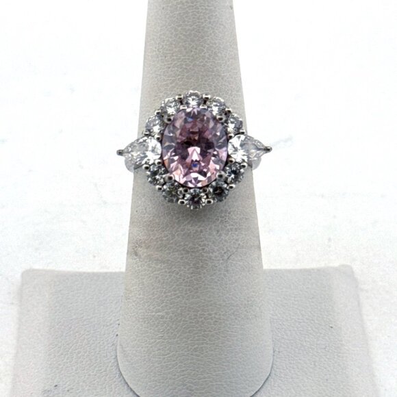 Designer Jewelry - Estate Sterling Silver 925 Pink Oval Halo Cocktail Ring w/ White Crystals, Size
